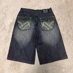 Y2K JNCO Style Baggy Black Denim Shorts Green Skater Streetwear Wideleg 32